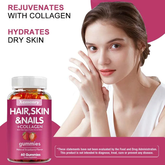 Hair, Skin & Nails + Collagen Gummies - Promotes Healthy Skin, Joints, Hair, Nails, Antioxidants - 60 Gummies